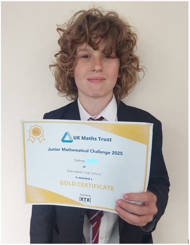 Sidney in Year 7 achieved a Gold award in the Maths challenge
